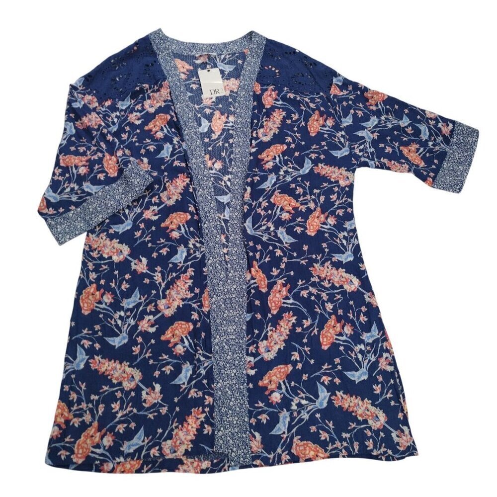 DR2 Womens Floral Print Kimono Cardigan XL 100% Rayon Blue & Pink Lightweight.